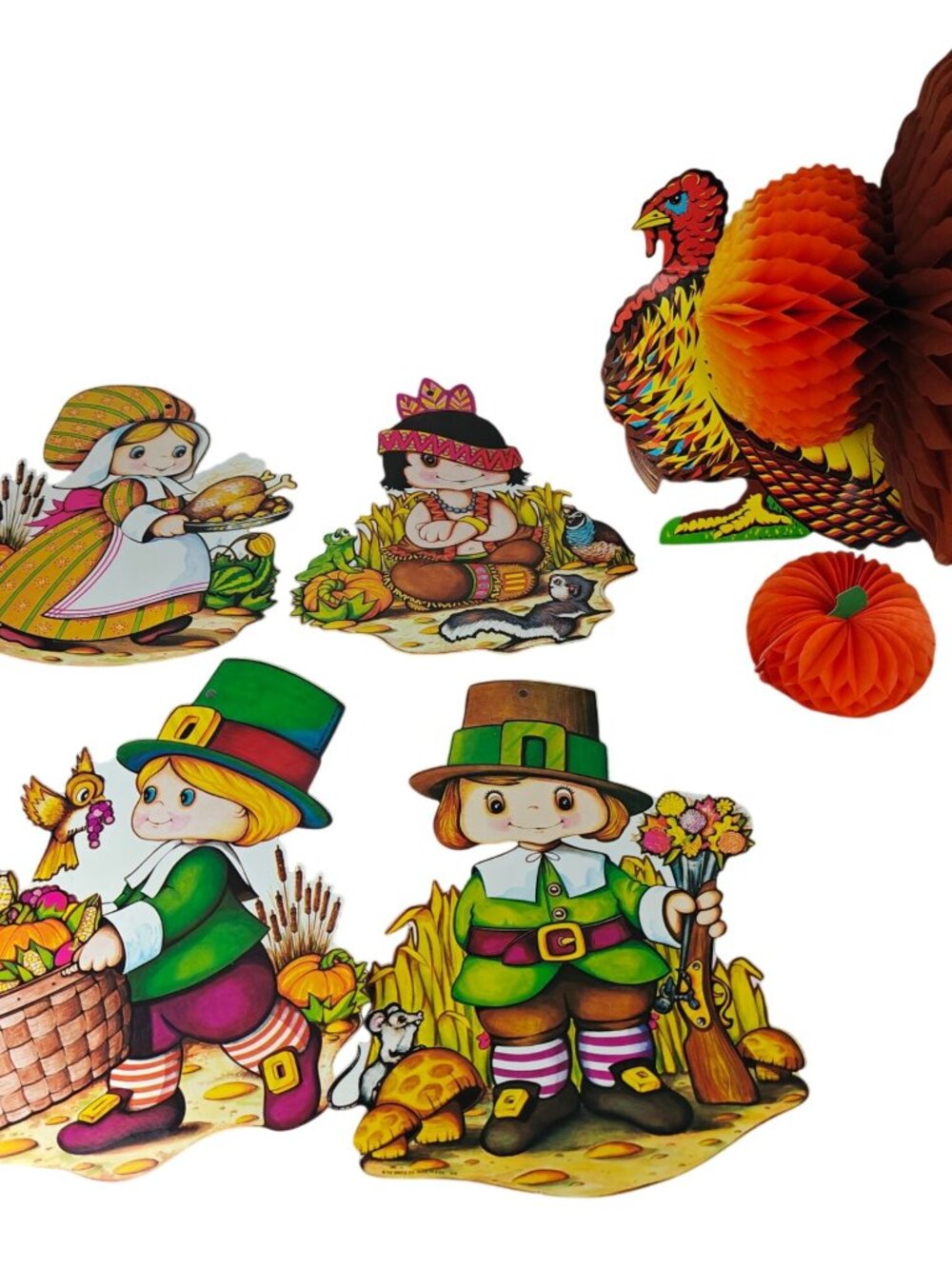 Vintage Beistle Thanksgiving Cardboard Die-Cuts Décor Lot Pilgrims & Turkey 1978